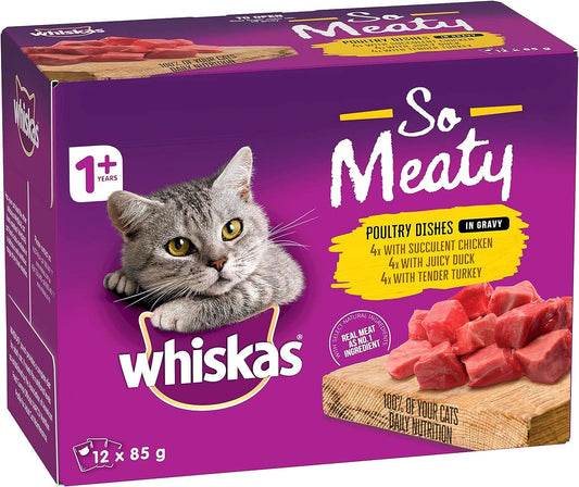 WHISKAS So Meaty 1+ Years Wet Cat Food Poultry Dishes in Gravy12 X 85G, 5 Pack (60 Pouches)