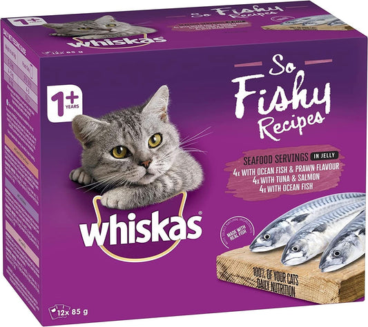 WHISKAS So Fishy Recipes 1+ Years Wet Cat Food Seafood in Jelly 12 X 85G, 5 Pack (60 Pouches)