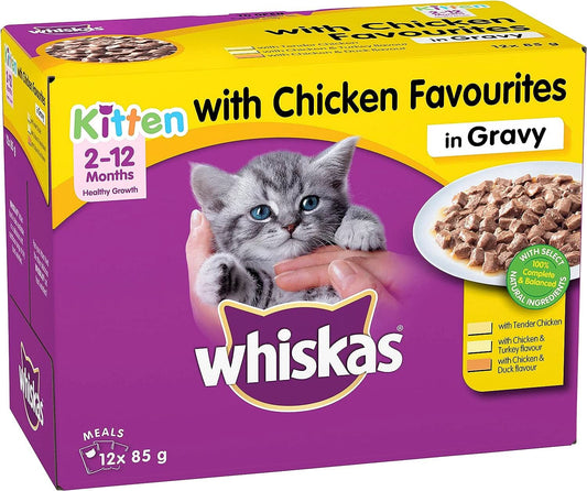 Whiskas Kitten 2-12 Months Wet Cat Food with Chicken Favourites in Gravy 12 X 85G, 5 Pack (60 Pouches)