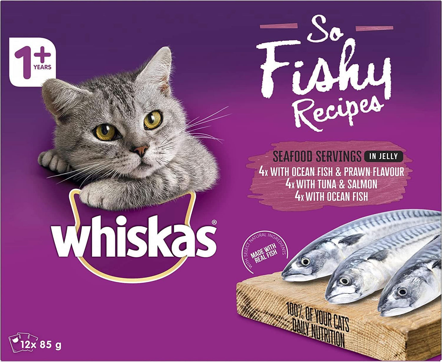 WHISKAS So Fishy Recipes 1+ Years Wet Cat Food Seafood in Jelly 12 X 85G, 5 Pack (60 Pouches)