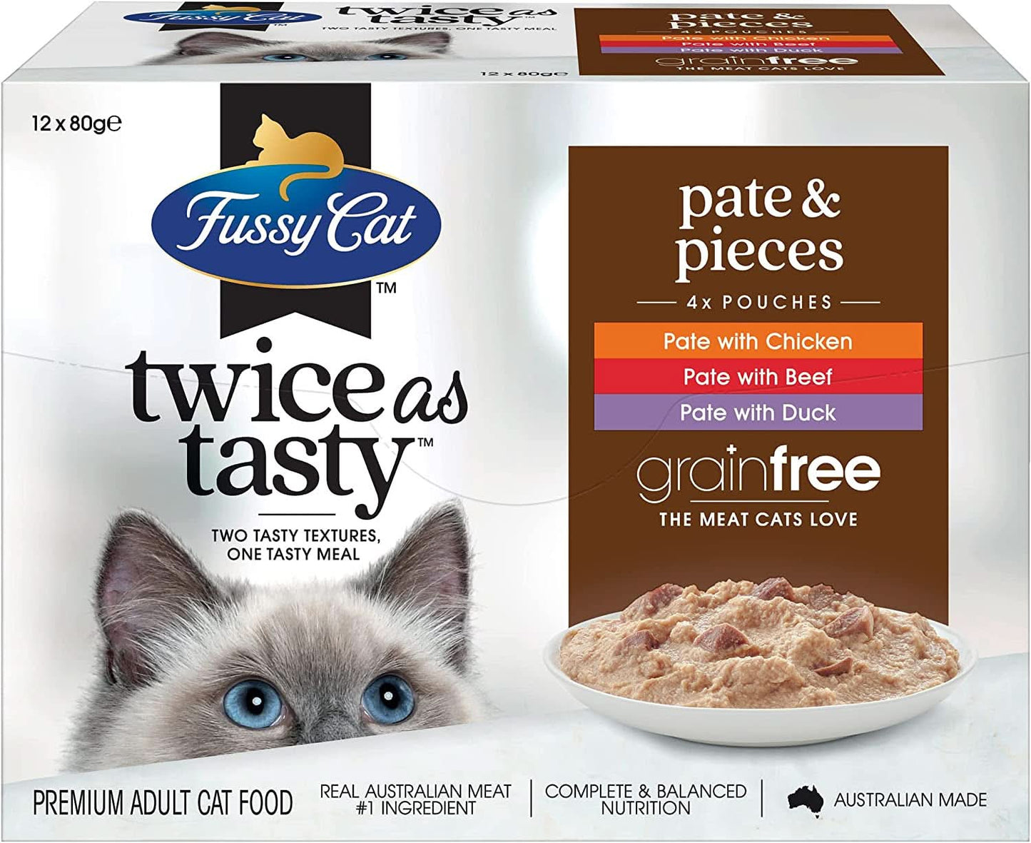 Tasty Cat Twice as Tasty Grain Free Pate & Pieces Wet Cat Food 80G Pouch (Pack of 48 Pack)